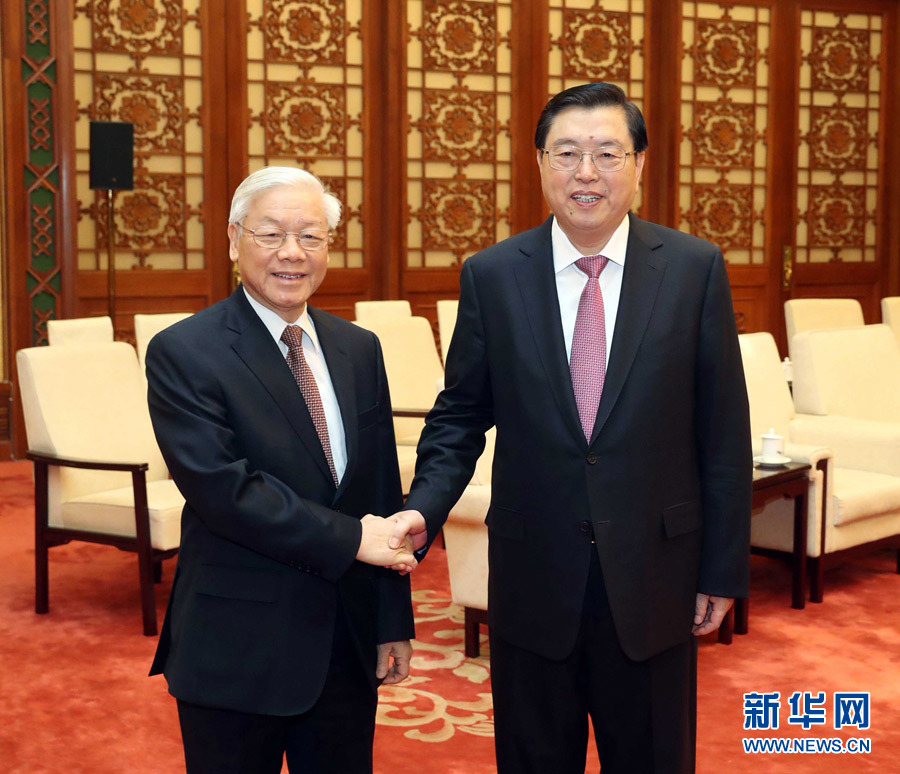 1月13日，中共中央政治局常委、全國人大常委會委員長張德江在北京人民大會堂會見越共中央總書記阮富仲。 新華社記者 劉衛(wèi)兵 攝