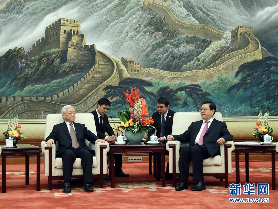 1月13日，中共中央政治局常委、全國人大常委會委員長張德江在北京人民大會堂會見越共中央總書記阮富仲。 新華社記者 劉衛(wèi)兵 攝