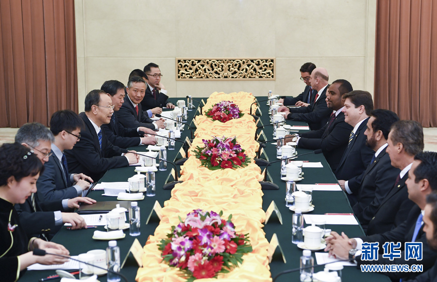 3月22日，中共中央書記處書記、全國政協(xié)副主席杜青林在北京會見巴西民主運動黨眾議院黨團領袖羅西率領的該黨干部考察團。 新華社記者張領攝