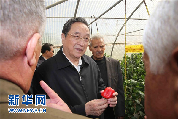 11月8日，正在約旦進(jìn)行正式友好訪問的全國政協(xié)主席俞正聲在約旦河谷參觀碩果農(nóng)業(yè)合作社。 新華社記者 劉衛(wèi)兵 攝 