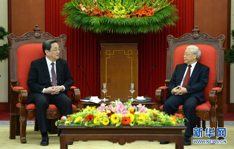 12月25日至27日，中共中央政治局常委、全國政協(xié)主席俞正聲對越南進(jìn)行正式訪問。這是12月26日，俞正聲在河內(nèi)會見越共中央總書記阮富仲。 新華社記者馬占成攝