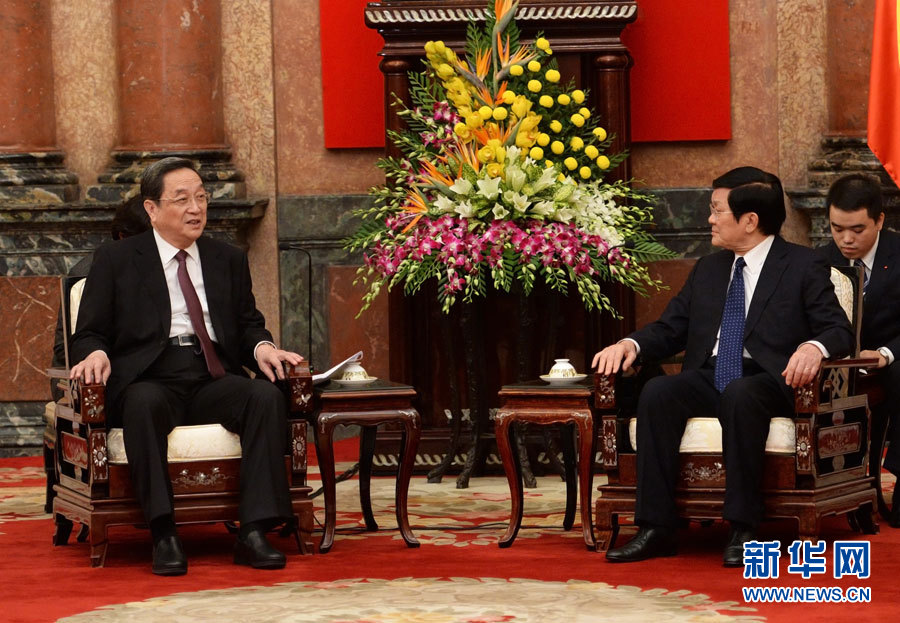 12月25日至27日，中共中央政治局常委、全國政協(xié)主席俞正聲對越南進(jìn)行正式訪問。這是12月26日，俞正聲在河內(nèi)會見越南國家主席張晉創(chuàng)。 新華社記者劉建生攝