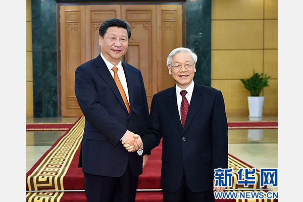 11月5日，中共中央總書記、國家主席習(xí)近平在河內(nèi)同越共中央總書記阮富仲舉行會(huì)談。 新華社記者李濤攝